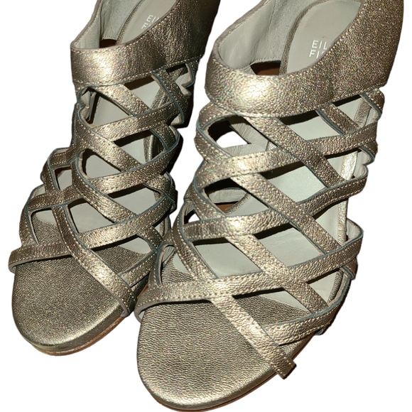 EILEEN FISHER Vero Cuoio Cage Strappy Pewter Zip Heel 3" Wedges Size 8.5 - Picture 2 of 14